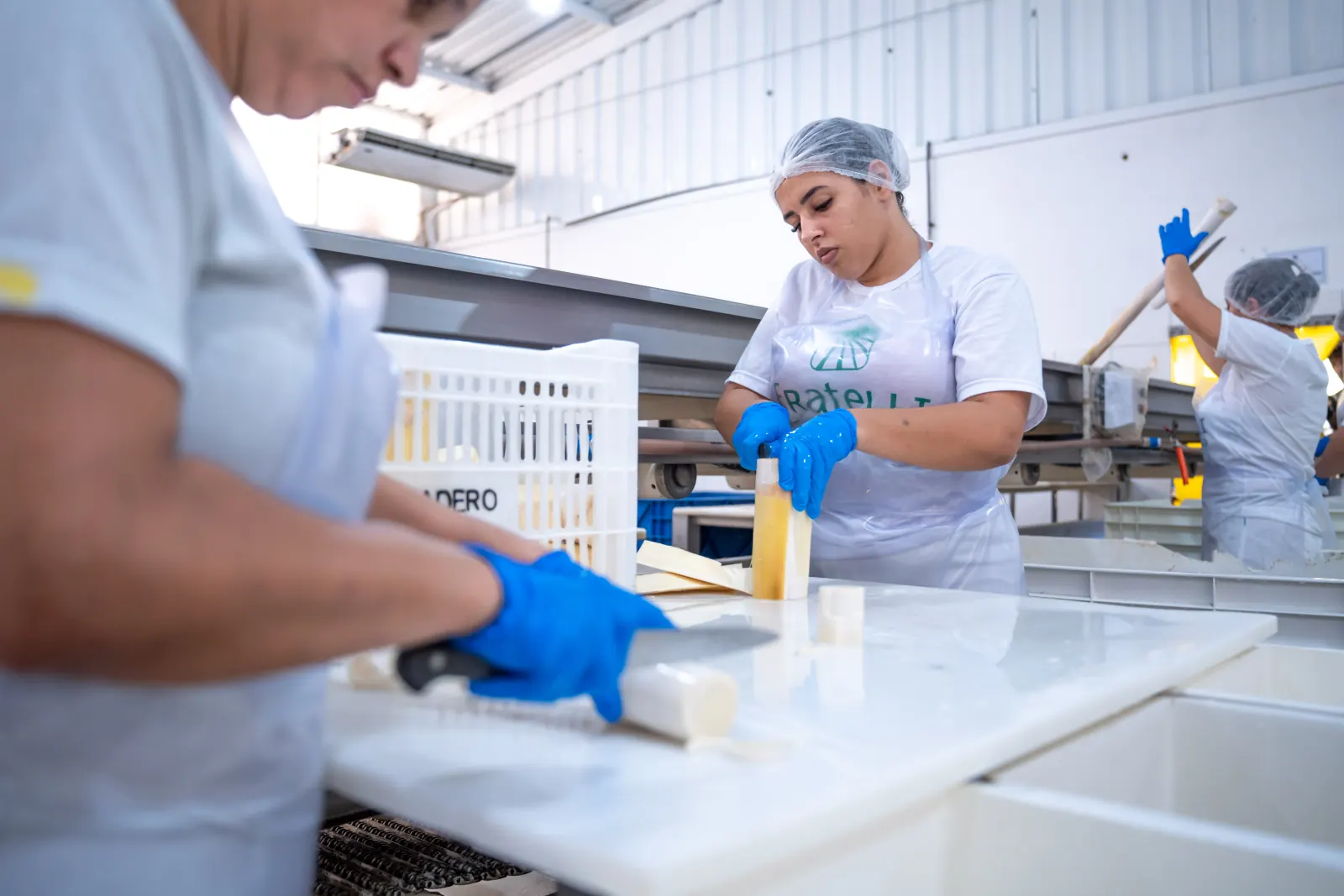 Colaboradora da Fratelli na linha de produção de alimentos