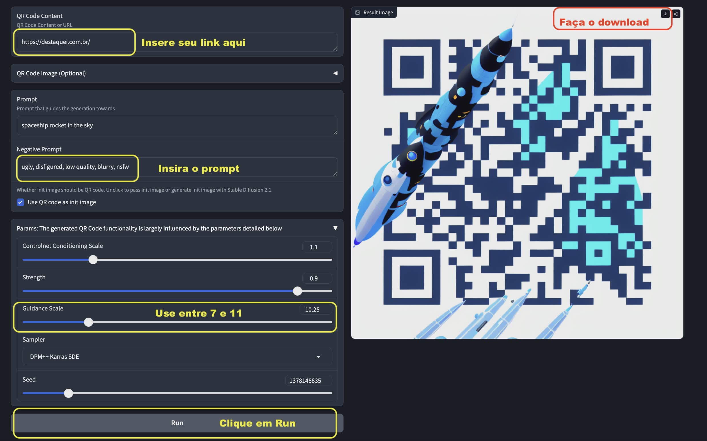 Tela do gerador de QR Code com IA do Hugging Face