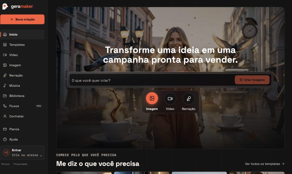 Painel da Geramaker, plataforma de IA para criar vídeo, imagem e narração
